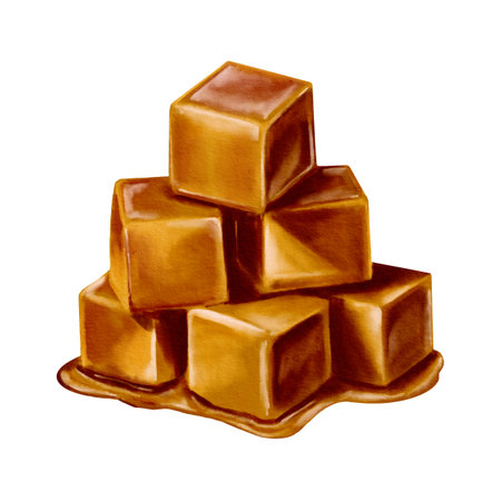 Caramel cut into cubes. A pile of soft caramel nougat. Sweet dessert. Watercolor illustration. Isolated from the background. Nougat or chocolate. Sweet square candiesの写真素材