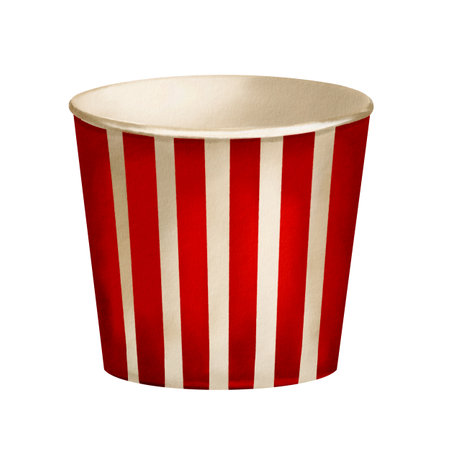 Paper glass. Empty dishes. Large striped flower pot. Watercolor illustration without background. Plate for popcorn and snacksの写真素材
