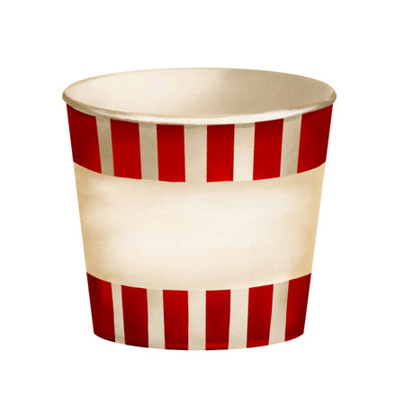 Paper glass. Empty dishes. Watercolor illustration without background. Dishes with red stripes. Plate for popcorn and snacks. Place for an inscription.の写真素材