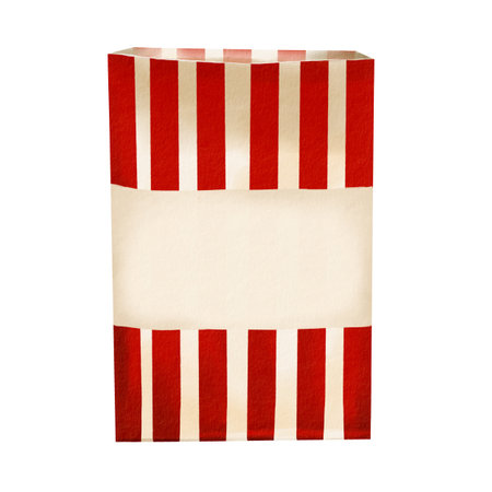 Striped paper bag. Gift packaging. Empty box. Retro style. Watercolor illustration. No background. A universal packaging for food, flowers, toys and small partsの写真素材