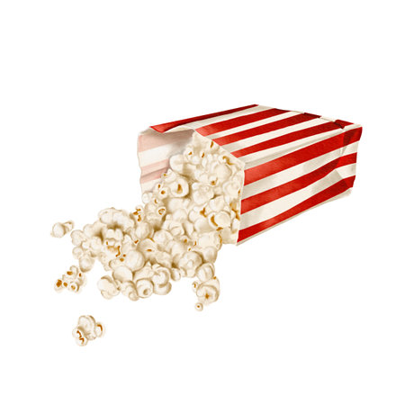 Popcorn spilled out of a paper bag. Classic snack packaging. striped paper bag. Crispy airy popcorn. Watercolor illustration without background. Versatile holiday foodの写真素材