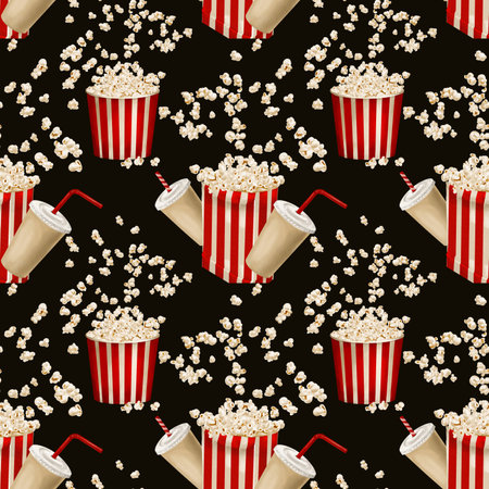 Popcorn in bags and boxes. scatters in different directions. drinks in paper glasses. Seamless pattern with snack. Watercolor illustration without background. Red stripe. Classic retro styleの写真素材