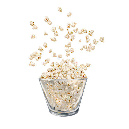 popcorn in a large glass bowl. Flying popcorn. Crispy corn. Homemade snack. watercolor illustration without background. transparent cup for food. For printing on menus, packaging or cardsの写真素材