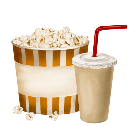 Popcorn in a striped paper bag. Drink in a disposable paper cup with a plastic lid and straw. Lots of snacks for movies and parties. Classic retro style. watercolor illustration without backgroundの写真素材