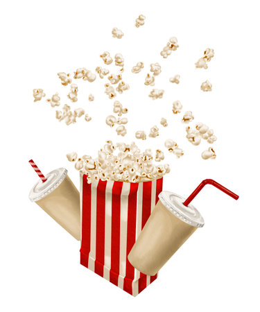 Popcorn flies in different directions. paper bag with red stripes. Classic retro style. Paper glasses for drinks. With lid and plastic straw. Watercolor illustration isolated from background.の写真素材