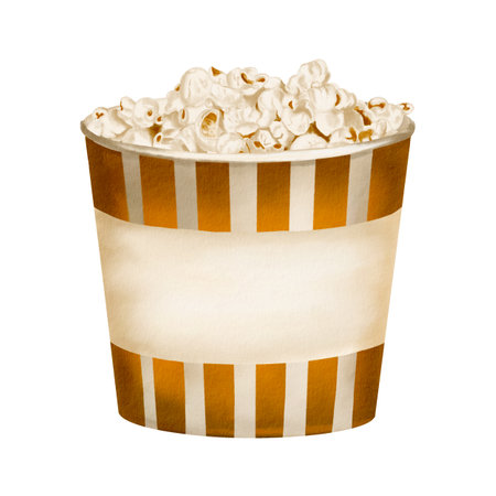 container with popcorn. Large paper glass with gold stripes. Lots of popcorn in a glass. Watercolor illustration isolated from background. Classic retro style. Snack in a bowl. Movie partyの写真素材