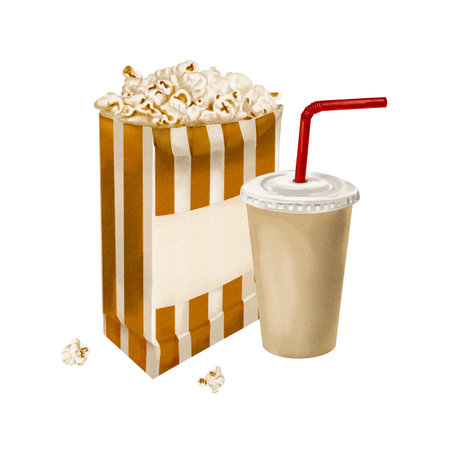 Popcorn in a striped paper bag. Drink in a disposable paper cup with a plastic lid and straw. Lots of snacks for movies and parties. Classic retro style. watercolor illustration without backgroundの写真素材