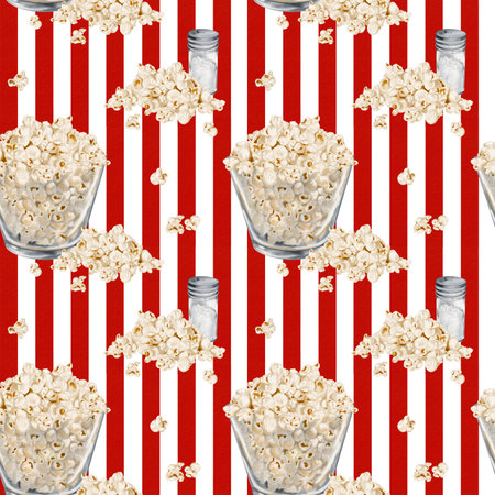 Seamless pattern with popcorn. Red stripes. Popcorn in a glass bowl. Heaps of popcorn with salt. Glass salt shaker. Watercolor illustration. Classic retro styleの写真素材