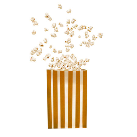 Popcorn flies out of a paper bag. A small crispy snack flies in different directions. Striped paper bag. Classic retro style for movies and parties. watercolor illustration isolated from backgroundの写真素材