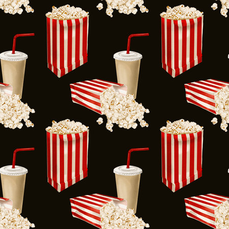 Popcorn in bags and boxes. Scatters in different directions. Drinks in paper glasses. Seamless pattern with snack. Black background. Watercolor illustration without background. Red stripe. Classic retroの写真素材