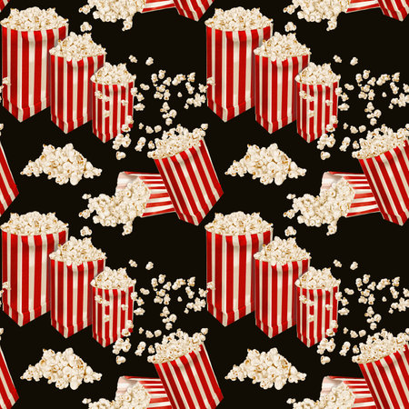 Popcorn pattern. Popcorn in a paper bag. Red stripes. Retro classic style Watercolor illustration. Seamless pattern. black background . For printing on paper, textiles and fabric. Advertisingの写真素材