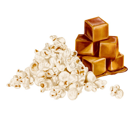 Popcorn with caramel. A pile of crispy corn and a big piece of caramel. Watercolor illustration without background. Realistic style. Appetizer, menu, party snack.の写真素材