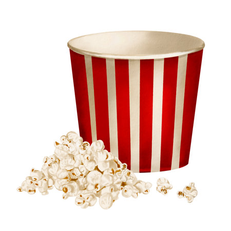 empty popcorn container Large paper glass with red stripes. Lots of popcorn . Watercolor illustration isolated from background. Classic retro style. Snack in a bowl. Movie partyの写真素材
