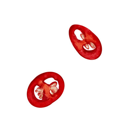 red hot pepper cut into slices. Chili pepper slices. Watercolor illustration without background. red peel and yellow pepper seeds. Food preparation and cooking.の写真素材