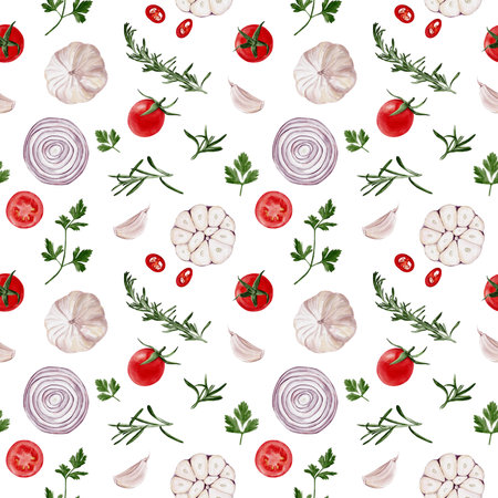 Tomatoes and greens. Seamless pattern with vegetables. Seasoning for food Garlic and red, burgundy onions. Various herbs. Pattern with parsley and rosemary. Watercolor illustration without backgroundの写真素材