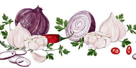 Seamless border with vegetables and spices. Onions with garlic and red pepper. Watercolor illustration isolated from background. vegetable decor. onion and pepper rings.の写真素材