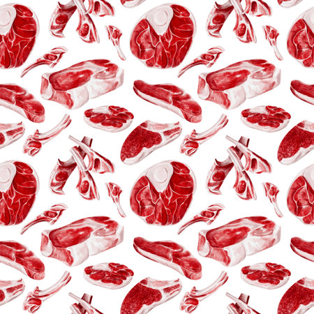 Raw fresh meat of beef, pork, lamb and horse meat. Seamless pattern with different types of meat. Meat on the bone and fillet. Watercolor illustration isolated from background.の写真素材