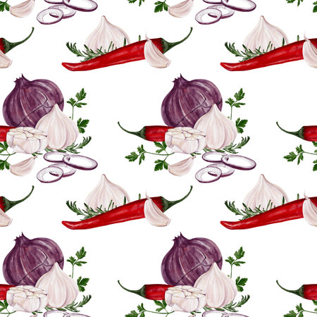 Seamless pattern with onion, pepper, garlic and herbs. Vegetables and spices. Watercolor illustration isolated from the background. Vegetable patternの写真素材
