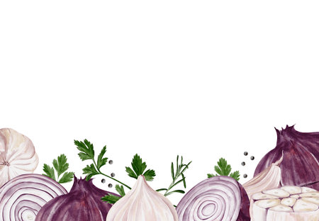 Vegetable frame. Red onion and garlic with herbs and pepper. Watercolor illustration isolated from background. Ingredients for cooking. Template for menu or brochureの写真素材