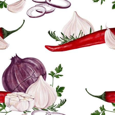 Seamless pattern with onion, pepper, garlic and herbs. Vegetables and spices. Watercolor illustration isolated from the background. Vegetable patternの写真素材