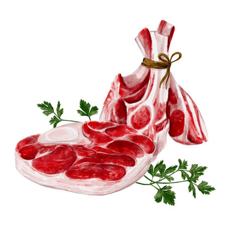 Beef steak with ribs. Raw fresh meat and meat on the bone. Ribs are tied with a string. Lamb and parsley. Watercolor illustration isolated from the background. Set for barbecue and cooking meatの写真素材