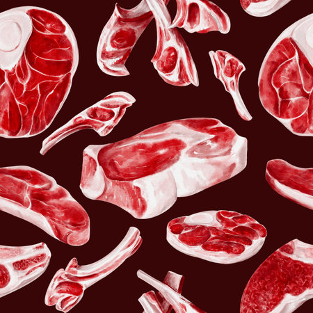 Raw fresh meat of beef, pork, lamb and horse meat. Seamless pattern with different types of meat. Meat on the bone and fillet. Watercolor illustration isolated from background.の写真素材