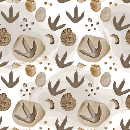 Seamless pattern with dinosaur footprints. Ancient fossils, shells and ammonites. Dinosaur eggs whole and broken. Pebbles and shell fragments. Watercolor illustration, hand drawingの写真素材