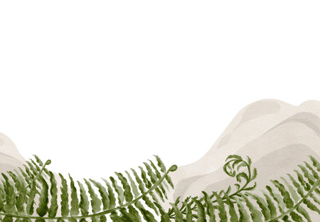 Frame with fern and fossils. Limestone and rocks. Prehistoric forest plants. Fern leaves in a frame. Watercolor illustration without background. Hand drawingの写真素材