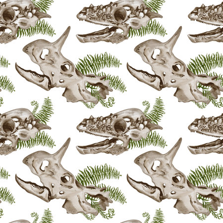 Seamless pattern with dinosaur skulls. Dinosaur skeletons with ferns. Triceratops and Tyrannosaurus. Plants graze on fossils. Watercolor illustration without background. Hand drawnの写真素材