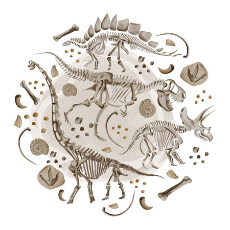 Set of dinosaur skeletons. Stegosaurus, theranosaurus and triceratops. Bones and fossils on a small stone. Partial background in the center. Watercolor illustration. Hand drawn.の写真素材