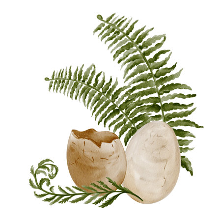 Eggs with herbs. Prehistoric fossils. Plant leaves and broken reptile eggs. Watercolor illustration without background. Hand drawing.の写真素材