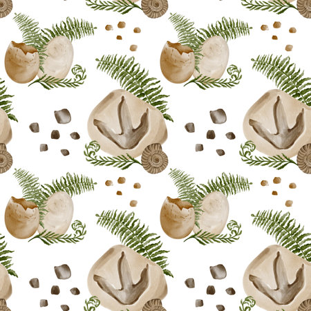 Seamless pattern with eggs. Fossils and plants. Dinosaur footprint on stone. Ancient ammonite shell. Small pebbles. Broken egg. Watercolor illustration without background. Hand drawingの写真素材