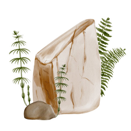 Stones and plants. Horsetail and fern grow near stones. Decorative landscape composition. Forest or park. Garden decoration. Watercolor illustration. Hand drawingの写真素材