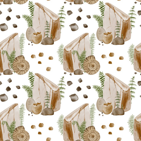 Seamless pattern with stone and dinosaur eggs, decorated with fern and pebbles. Fossils in the rock and prehistoric finds. Poleontology and the Jurassic era. Watercolor illustration. Hand drawing.の写真素材