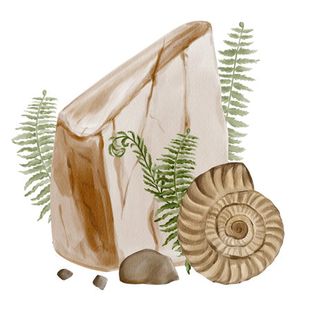 Stone and fern with ammonite. Small stones and pebbles. Garden and forest composition. Watercolor illustration. Hand drawing. Forest plants and herbs. A piece of marble in nature. Natural environmentの写真素材