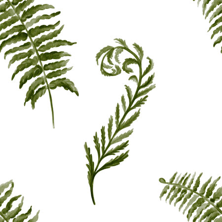 Seamless pattern with fern leaves and branches. Forest plant. Green herbs. Watercolor illustration without background. Hand drawing. For fabric and textile.の写真素材