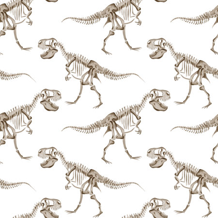 Seamless pattern of theranosaurus rex skeletons. T-Rex watercolor illustration without background. Hand drawn. For fabric and banners. Jurassic fossils.の写真素材
