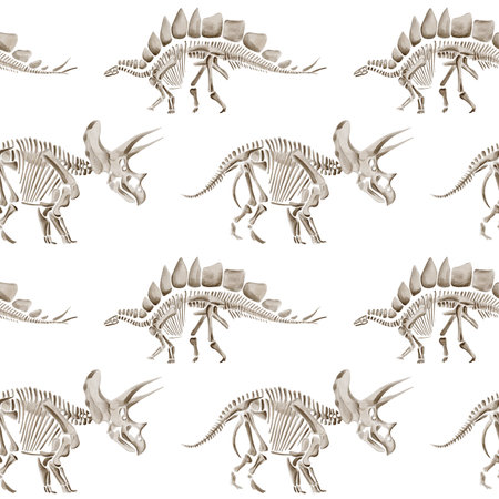 Seamless pattern with dinosaur skeletons. Triceratops and diplodocus. Prehistoric reptiles and animals. Bones and fossils of the Jurassic era. Watercolor illustration without background. Hand drawingの写真素材