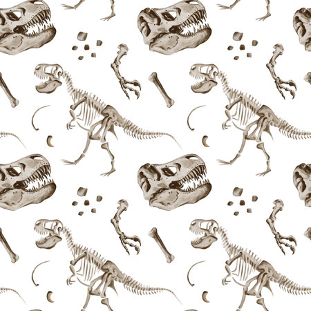 Seamless pattern with dinosaur Rex skeleton. Theranosaurus parts, bones and paws. Jurassic fossils and rocks. Watercolor illustration without background. Hand drawing.の写真素材