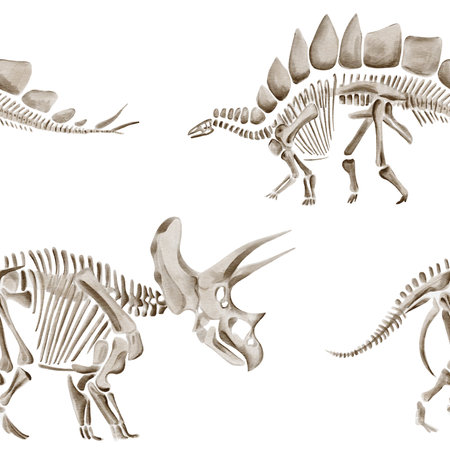 Seamless pattern with dinosaur skeletons. Traceratops and diplodocus. Prehistoric reptiles and animals. Bones and fossils of the Jurassic era. Watercolor illustration without background. Hand drawingの写真素材