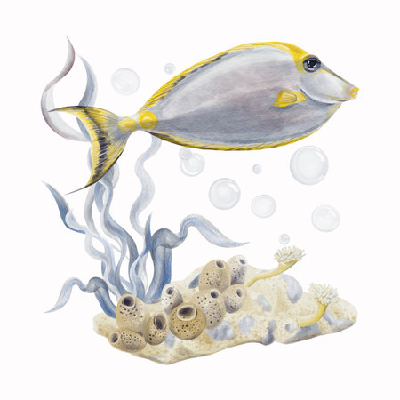 exotic fish , Rhinoceros fish orange-spined. Red Sea surgeon fish.Seabed. Reef with seaweed and corals. Sand with sea flowers and pebbles. Watercolor illustration. Hand drawing.の写真素材