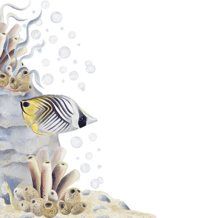 Template with coral reef and tropical exotic fish. Sea sponges on the seabed with pebbles. Algae and sea animals. Watercolor illustration without background. Hand drawing.の写真素材