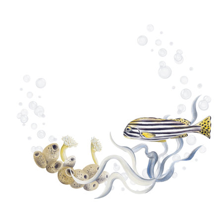 frame wreath with tropical fish and seaweed. sea sponge and echtinia. bubbles. striped exotic fish. Watercolor illustration isolated from background. Hand drawing.の写真素材