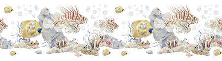 Seamless border with tropical fish. Striped red fish. Lion fish and big yellow fish. Coral reef. Pebbles and sea fish. Ocean and aquarium. Watercolor illustration without background. Hand drawing.の写真素材