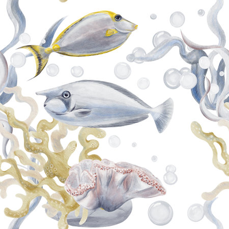 Seamless pattern with tropical fish, elephant fish and surgeonfish. Algae and corals. Sea pebbles and bubbles. Gentle blue ocean pattern. Watercolor illustration without background, hand drawn.の写真素材