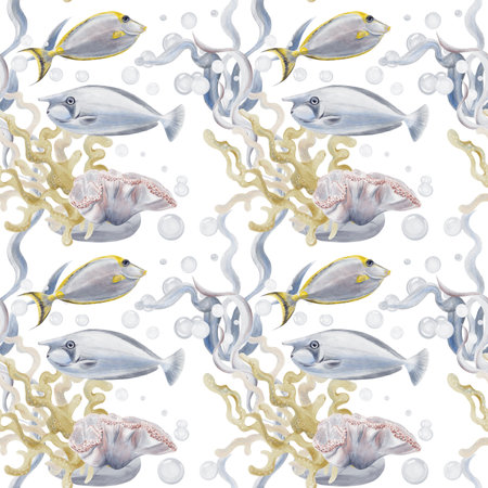 Seamless pattern with tropical fish, elephant fish and surgeonfish. Algae and corals. Sea pebbles and bubbles. Gentle blue ocean pattern. Watercolor illustration without background, hand drawn.の写真素材