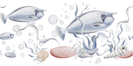 Seamless border with blue tropical fish. Pebbles and seaweed on the bottom. Multicolored mollusks. Bubbles under water. Watercolor illustration without background. Hand drawing.の写真素材