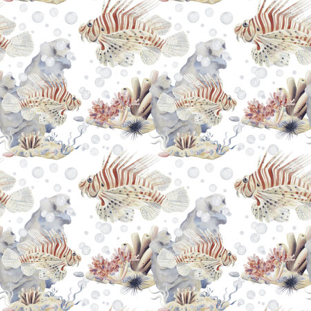 Seamless pattern with sea reef. Lionfish swims among seaweed and corals. Sea sponge, pebbles and bubbles. Underwater life. Watercolor illustration without background. Hand drawn.の写真素材