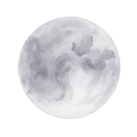 Full moon. Big round white moon with grey spots. Watercolor illustration isolated from background. Hand drawing. spots, stains. Realistic romantic illustration.の写真素材