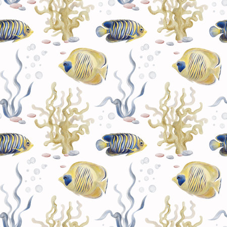 Seamless pattern with tropical fishes of yellow and blue colors. Corals and seaweed. Sea reef and pebbles. Watercolor illustration isolated from the background. Hand drawing.の写真素材